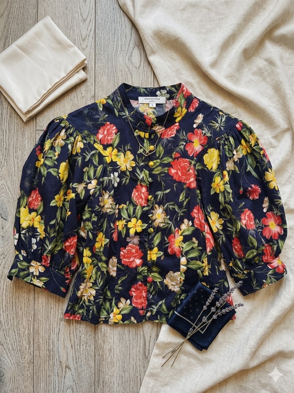 Marissa Webb Floral Print Navy Blue Red Green Button Detail